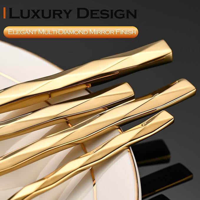 Gold Silverware Set, Luxury 20-Piece Flatware Set for 4, Cutlery Set Stainless Steel, Diamond Cut Pattern, Home, Wedding & Party, 18/10 Stainless Steel Tablewaret & Dishwasher Safe Utensils.