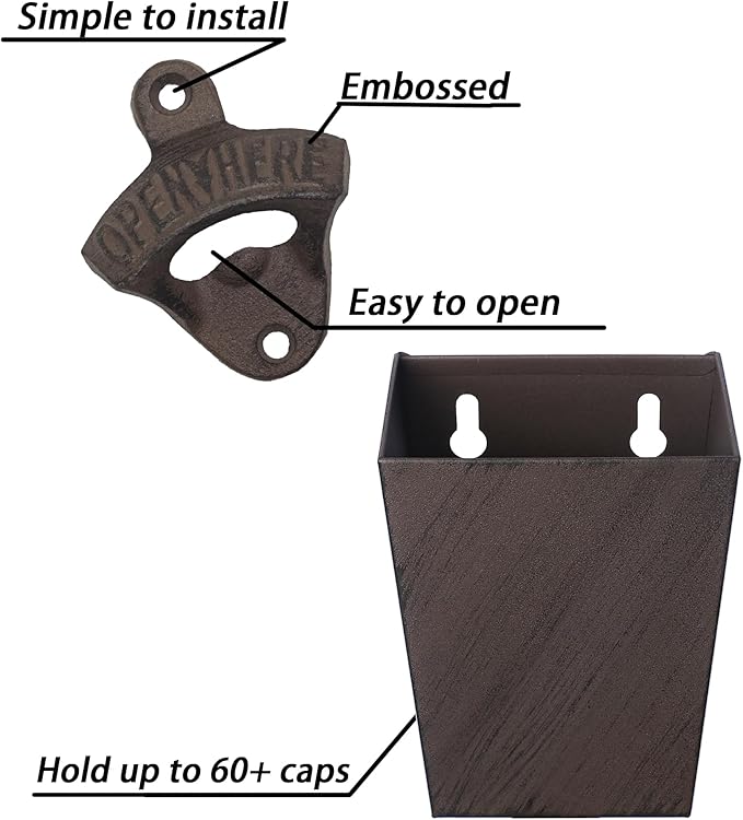Rustic Cast Iron Beer Bottle Opener Wall Mounted with Cap Catcher Vintage Narrow Bundle
