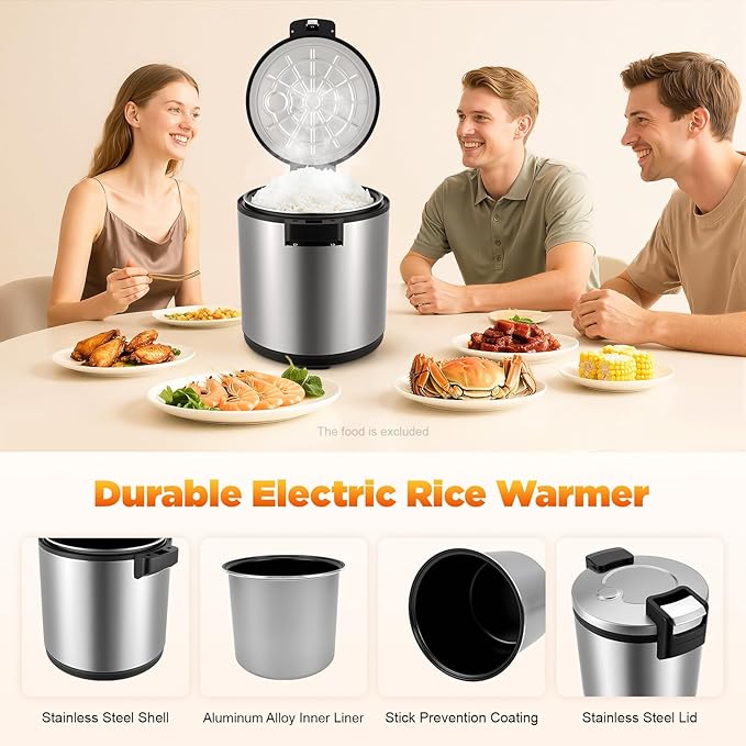 100 Cups Stainless Steel Electric Rice Warmer, Commercial Food Warmer with Rice Spoon, Heavy Duty 23L/6Gal Cooked Rice Warmer with Warm Function Only & Adjustable Temp for Restaurant Party