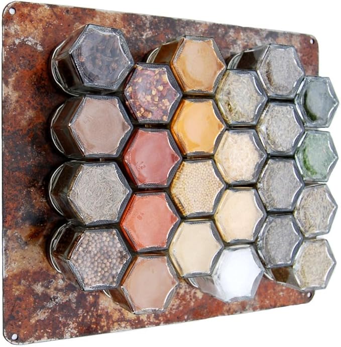 Gneiss Spice DIY Wall Hanging Magnetic Spice Rack (24 Small Jars, Silver Lids, 10x12 Rustic Plate)