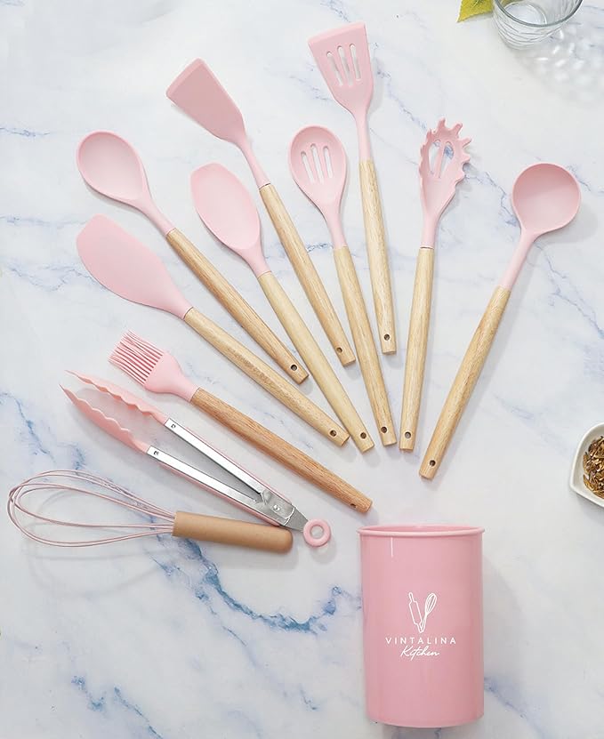 Silicone Cooking Kitchen Utensils Set – BPA‑Free, Non‑Toxic, Non-Stick, Heat‑Resistant to 446 °F, Non‑Scratch Wooden Handles + Utensil Holder (Pink)