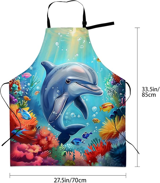 Cute Dolphin Apron for Women Men, Oxford Fabric Kitchen Cooking Chef Aprons