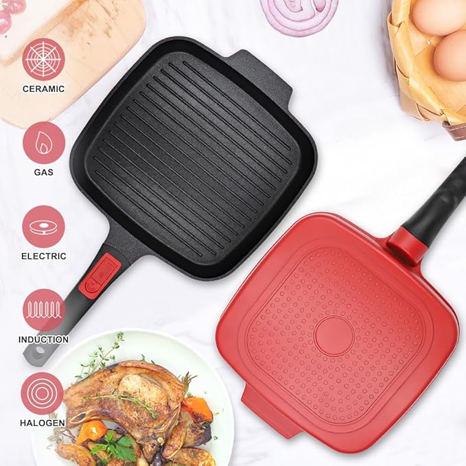 Grill Pan for Stove Tops with Lid 10 inch, Nonstick Square Griddle Pan with Detachable Handle for Indoor Cooking