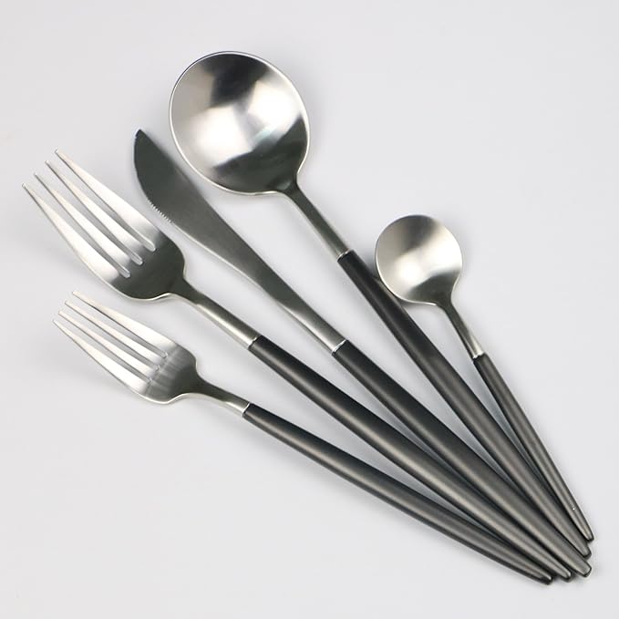 5-Piece 18/10 Stainless Steel Flatware Set, Serive for 1, With Fork Spoons Knife Teaspoon Dessert Fork for Home Kitchen Restaurant Hotel (Black + Silver)