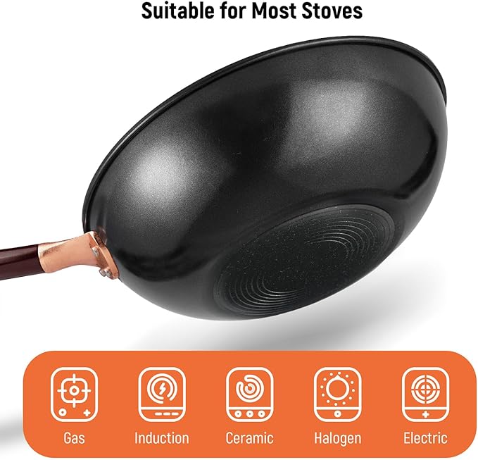 12.5-Inch Carbon Steel Wok Pan with Lid: Woks & Stir-Fry Pans Nonstick with Steamer for Cooking Pan Set, Large Deep Chinese Frying Saute Pan Wok Skillet, Induction Compatible, Stay-Cool Handle, Gifts