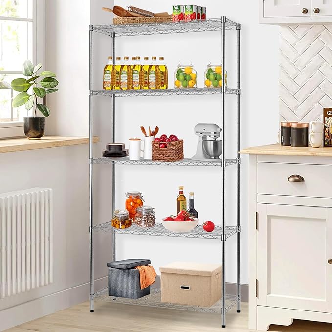 5-Shelf Metal Shelving Adjustable 1250Lbs Capacity, Storage Shelves for Garage Laundry Bathroom Kitchen Pantry Closet, NSF Certified Steel Organizer Wire Rack,Chrome, 72" H x 14" D x36 W