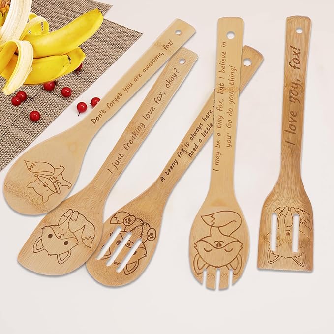 5PCS Fox Wooden Cooking Spoons Set Fox Gifts for Women Kitchen Decor Bamboo Cooking Utensil Spoons for Housewarming Wedding Anniversary Thanksgiving Christmas Gifts Mom Women
