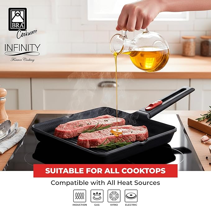 BRA COOKWARE Infinity Nonstick Ribbed Grill Pan (11x11 Inch) | Cast Aluminum Searing Skillet | PFOA/PFAS Free Square Griddle | All Cooktops (incl Induction) Grilling Skillet | Removable Handle