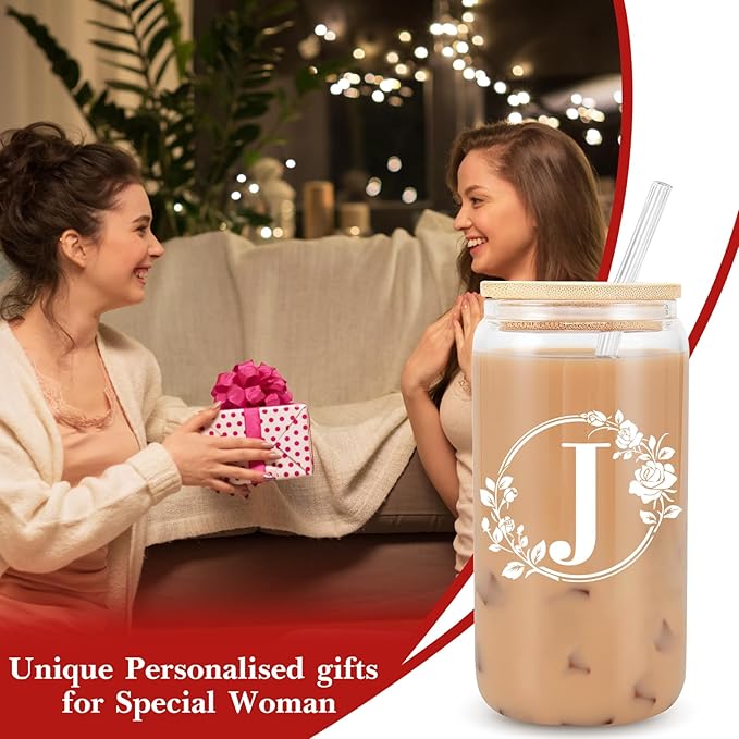 Birthday Gifts for Women, Monogrammed Initial Glass Cup Personalized Gifts for Women, 16oz Glass Cups with Lids and Straws, Iced Coffee Cup, Beer Can Shaped Glass - Gifts for Christmas, Birthday, J