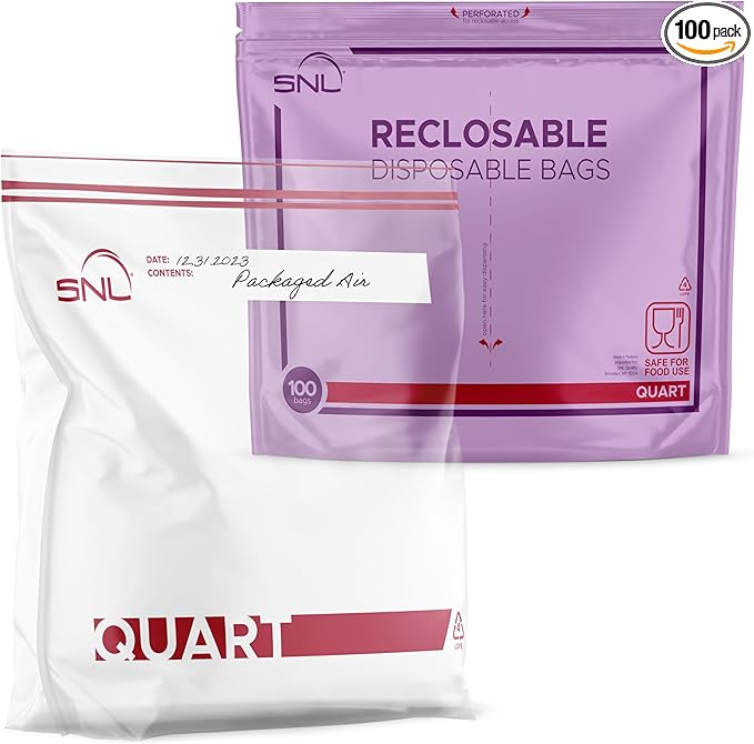 Quart Food Bags by SNL -100 Bags- Leak-Proof, Clear, Write-On Block, Reclosable, Disposable Storage Bags, Double Seal Zippers with Clicking Noise Zip Confirmation, Stand-Alone Gusset, Easy Dispensing
