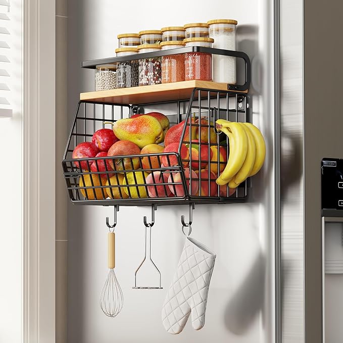 Magnetic Shelf for Fridge with Wood Lid, Fruit and Vegetable Storage Organizer, Wall Mounted Baskets with 4 Hooks, Magnetic Spice Shelves for Refrigerator, Countertop and Pantry