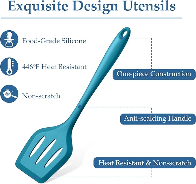 LIANYU Kitchen Silicone Cooking Utensils Set, 4Pcs Nonstick Cookware Utensils with Turner, Spoon, Pasta Server for Stir Frying, Serving, Mixing, Heat Resistant, Dishwasher Safe, Blue