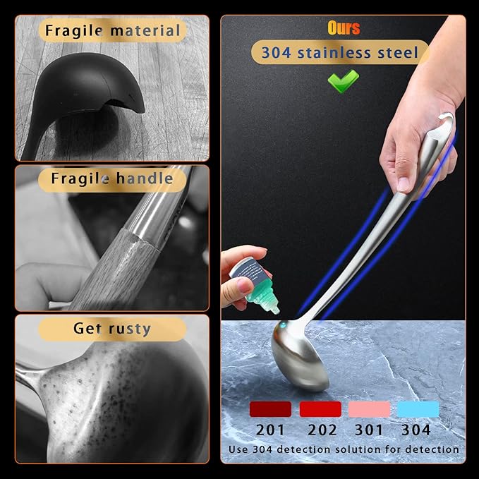 Kitchen Utensils,Contains Soup ladle,Spaghetti Claw,Wok Turner Shovel,Slotted Turner,Colander,Premium Stainless Steel,No rust,Dishwasher Safe