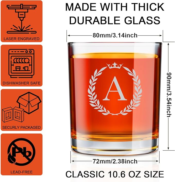 Personalized Whiskey Glasses Gifts for Men, Monogrammed Engraved A-Z 10.6 oz Rocks Glass Customized Gift, Unique Christmas Birthday Gifts for Men Him Dad Husband Brother Son (A)