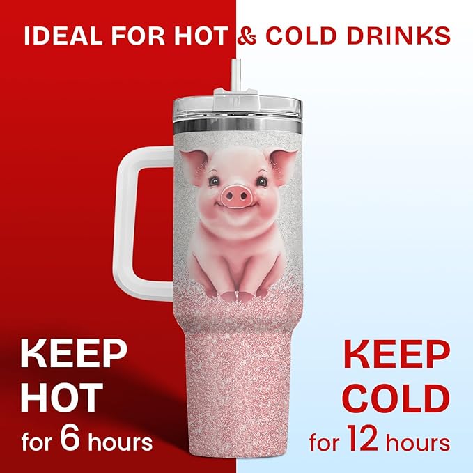 34HD Just A Girl Who Loves Pigs Tumbler with Handle and Straw, 40oz Vacuum Insulated Pig Cup, Pigs Gifts for Women Birthday Mothers Day Christmas, Farm Animal Gifts, Pink Pig Gift Ideas