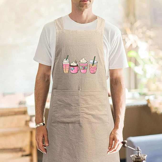 Cotton Linen Apron Non-tie Cross Back Kitchen Apron with Pockets Soft Comfortable Durable for Cooking Baking Gardening (Khaki)