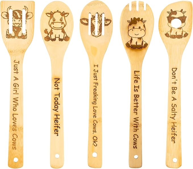 5PCS Cow Wooden Cooking Spoons Set Cow Gifts for Women Cow Kitchen Decor Bamboo Cooking Utensil Spoons for Housewarming Wedding Anniversary Thanksgiving Christmas Gifts Mom Women Cow Lovers Gift