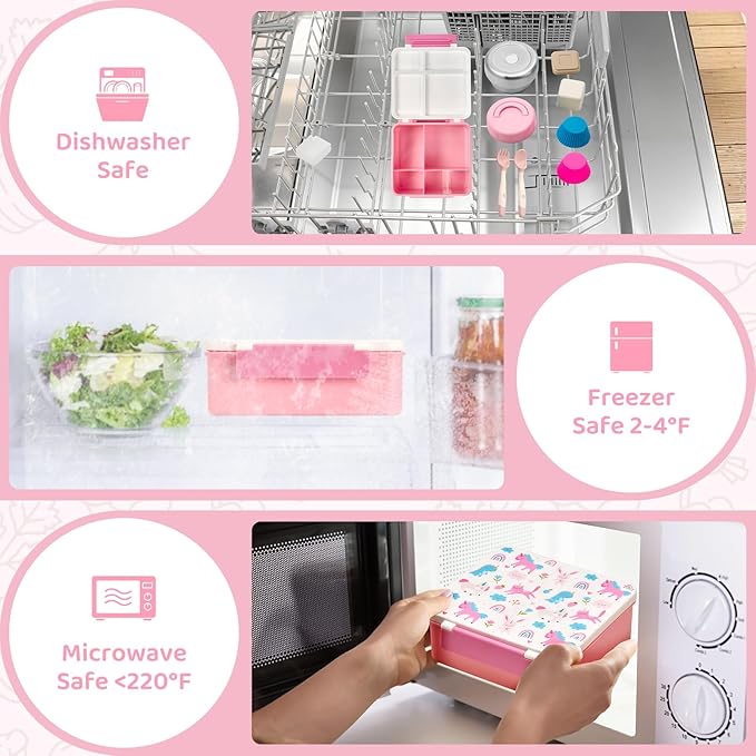 JSLOVE Bento Lunch Box with Leak Proof Thermos Food Jar for Kids, Food Lunch Containers for Girls with 4 Compartments, BPA-Free with Utensils, Food Picks, Sauce Jar & Silicone Lunch Box Dividers