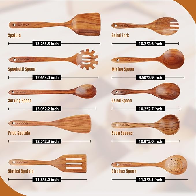 10-Piece Wooden Spoons for Cooking - Natural Teak Cooking Utensils with Premium Gift Box - Kitchen Gift Set -Soft Comfort-Grip Wood Spoons for Cooking