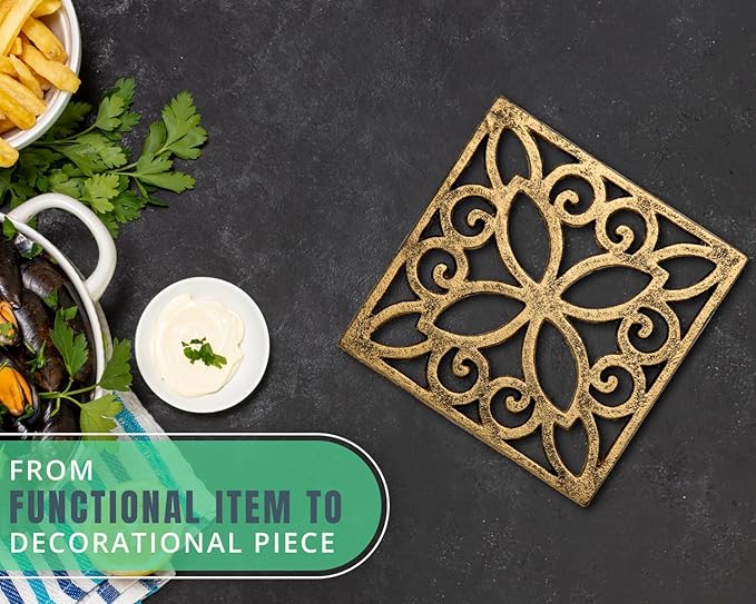 Comfify Decorative Cast Iron Trivet for Kitchen or Dining Table – Square with Vintage Pattern – 6.5" x 6.5" – Rubber Pegs – Recycled Rustic Metal – Gold with Black