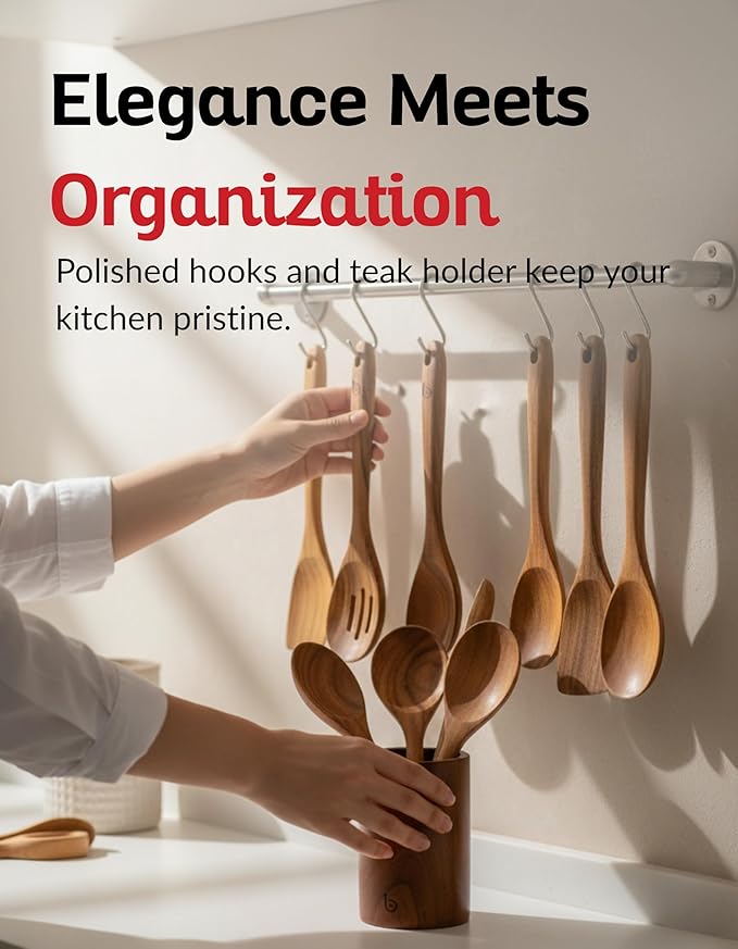 Teak Wood Utensil Set – Premium Natural Wooden Cooking Tools for Nonstick Cookware, Stirring & Serving – Durable, Non-Toxic Kitchen Spatulas (12)