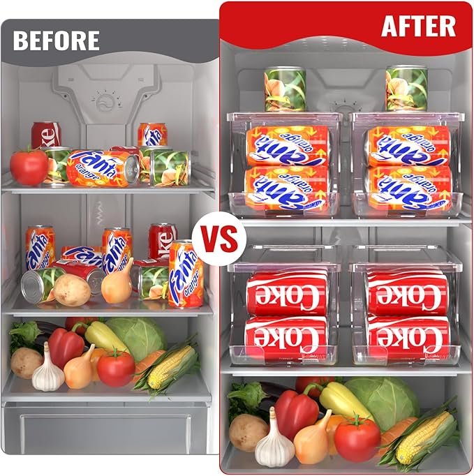 Stackable Refrigerator Organizer, Soda Can Dispenser Pop Cans Container Beverage Holder with Lid for Fridge, Freezer, Kitchen, Clear Plastic Storage Bins-Holds 10 Cans Each (Clear)