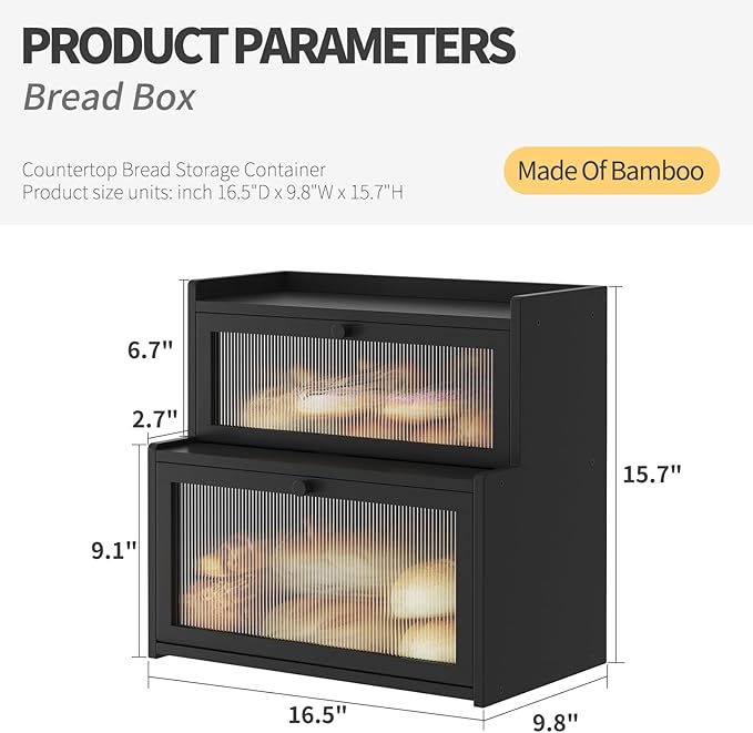 Double Layer Bamboo Bread Box for Kitchen Counter,Bread Holder,Countertop Bread Storage with Window (Black)