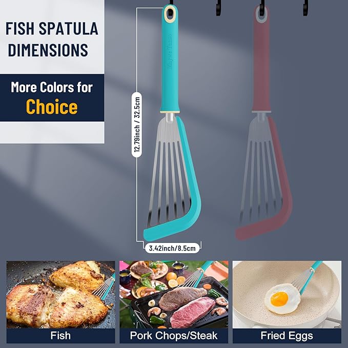 Fish Spatula,600℉ Heat Resistant Silicone Fish Spatula with Basting Brush,for Nonstick Cookware,Flexible Slotted Fishs Turner Spatulas,BPA Free,Dishwasher Safe(Aqua Sky)