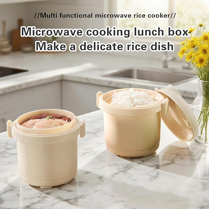 BestYiJo Microwave Rice Cooker Steamer with Removable Dividers & Spoon - Perfect for Cooking Rice, Steaming Vegetables and Reheating Food - Ideal for Students, Professionals, Families