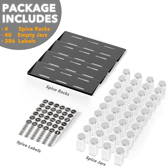 SpaceAid Spice Drawer Organizer with 40 Spice Jars, 386 Spice Labels, 4 Tier Seasoning Rack Tray Insert for Kitchen Drawers, 18.5" Wide x 17.5" Deep