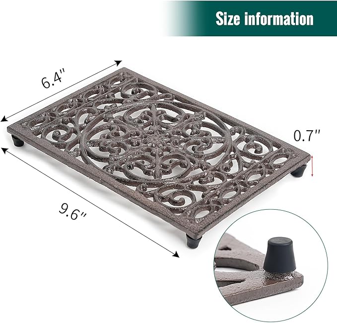 Sungmor Rectangle Cast Iron Trivets, Metal Trivet for Hot Pots and Pans, Heavy Duty Rustic Wood Stove Tea Pot Trivet, Decorative Hot Pot Holder for Kitchen Counter and Dining Table, Intricate Pattern