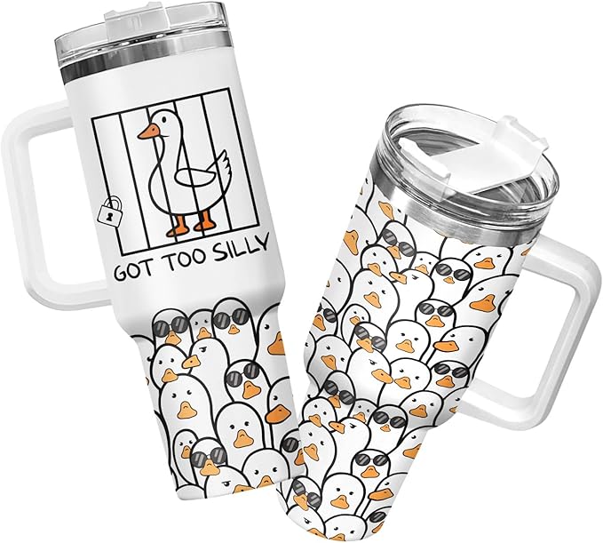 34HD Funny Gifts for Friends, Goose Tumbler 40oz with Handle and Straw, Funny Stainless Steel Tumbler with Lid, Got Too Silly Coffee Mug, Goose Gifts for Sisters Brothers Coworkers