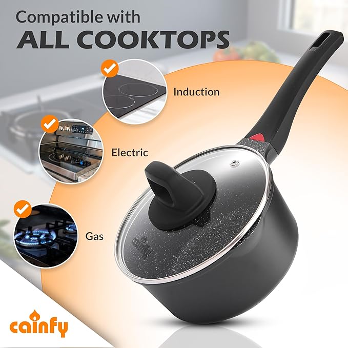7 Inch Non Stick Sauce Pan with Glass Lid & Pour Spout - Lightweight 1.8 Quart Ceramic Coated Saucepan - Multipurpose Induction Compatible PFOA Free Small Cooking Pot with Stay Cool Handle (Black)