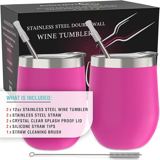 CHILLOUT LIFE 12 oz Stainless Steel Wine Tumblers 2 Pack - Double Wall Vacuum Insulated Wine Cups with Lids and Straws Set for Coffee, Wine, Cocktails - Hot Pink