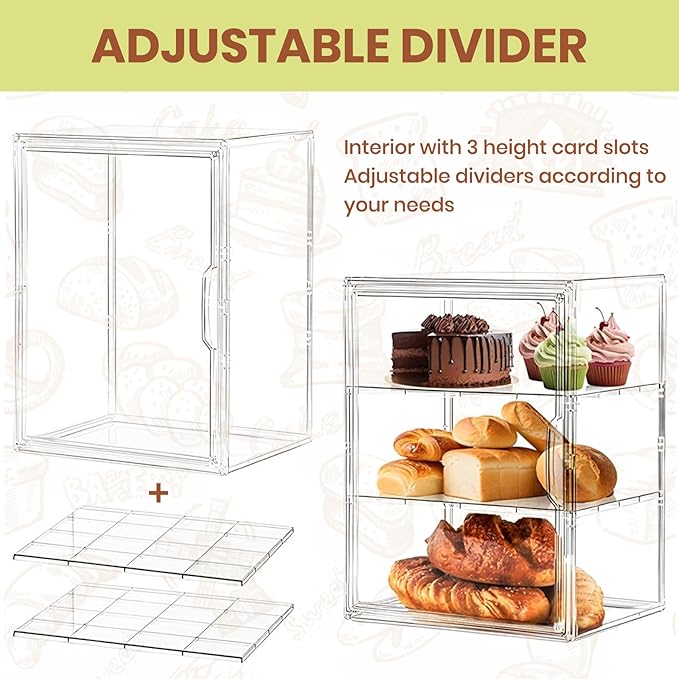 Clear Acrylic Display Case, 4-Tier Bread Box for Kitchen Countertop, 15.5x11.4x9.8 Inch Bread Storage Container with Magnetic Door for Bakery, Cookies, Donuts