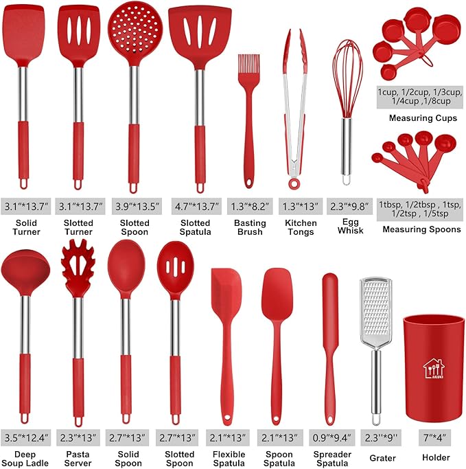 Silicone Cooking Utensil Set,Kitchen Utensils 26 Pcs Set,Non-stick Heat Resistant Silicone,Cookware with Stainless Steel Handle - Red