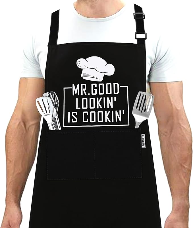 Funny Grilling Aprons for Men with Pockets BBQ Novelty Cooking Apron for Son Grandad Christmas Fathers Day Gift