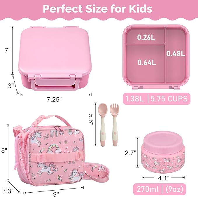 Kids Lunch Box Set with Bento Box, 9oz Stainless Steel Thermos & Insulated Lunch Bag – Hot & Cold Leakproof Lunch Container with Utensils for School & Travel