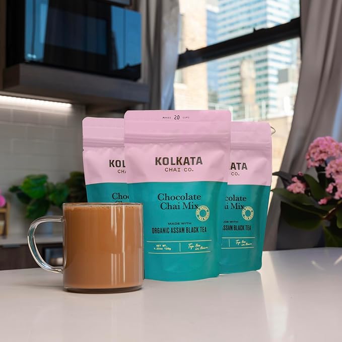 Kolkata Chai Chocolate Chai mix, 100% Organic Black Tea, Makes 20 cups, Premium loose leaf tea and spice blend, All Natural, 4.23 oz