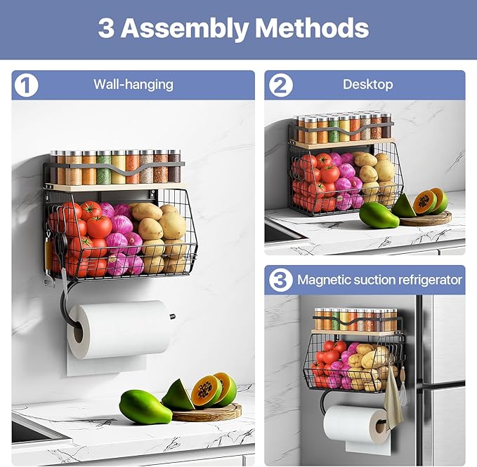 Housolution 2 Pack Wall Mounted Fruit Basket with Wood Lid, Hanging Kitchen Storage Basket for Fruit and Vegetable, Potato and Onion Storage Organizer with Paper Towel Holder for Kitchen Countertop