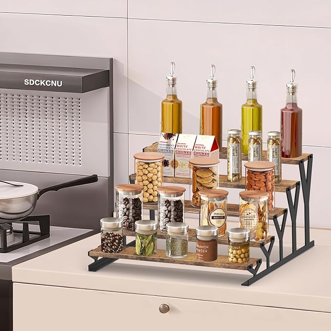 KALYLOC 5 Tier Wooden Display Riser Stand 13.8 Inch Metal Step Cologne Stand Perfume Organizer Tabletop Tiered Display Shelf Rack for Cupcake Spice Figures Cosmetics Candles (Brown, Y-Shape)