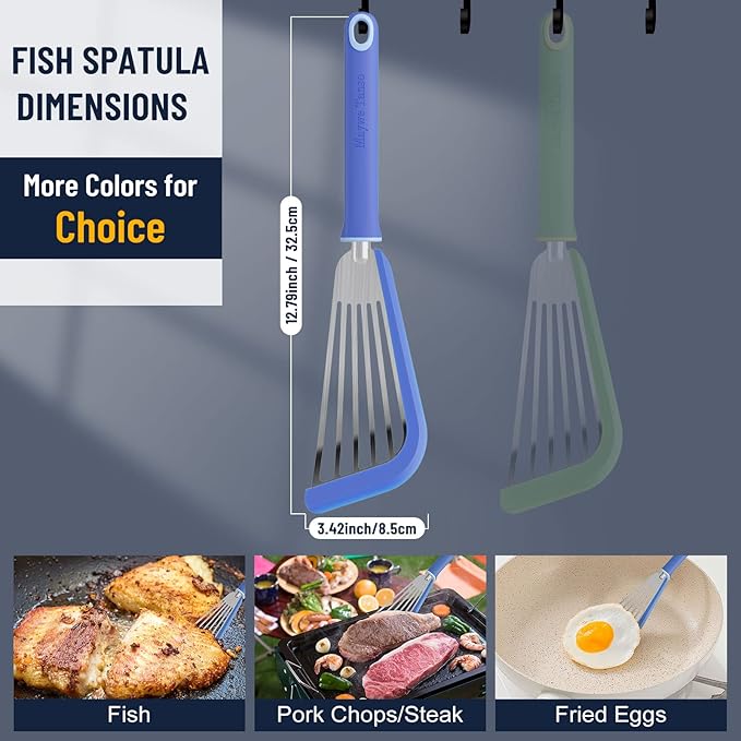 Fish Spatula,600℉ Heat Resistant Silicone Fish Spatula with Basting Brush,for Nonstick Cookware,Flexible Slotted Fishs Turner Spatulas,BPA Free,Dishwasher Safe(Blue)