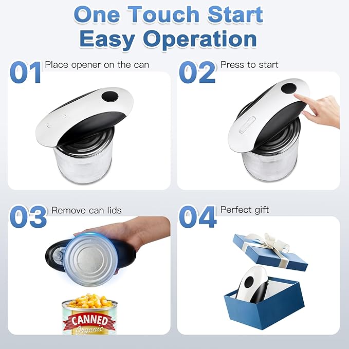 Automatic Electric Can Opener Smooth Edge, Rechargeable Canopener for Seniors and Arthritis Friendly, Kitchen Aid Gadgets Perfect for Chef, Hands Free, One Touch Design Easy to Use