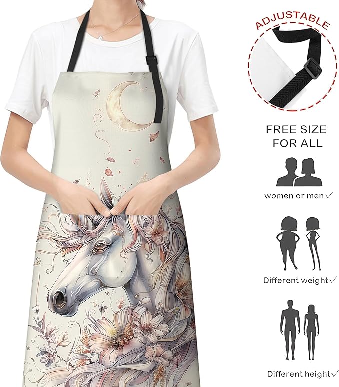 Fantasy Unicorn Apron for Women Men, Cooking BBQ Chef Polyester Lightweight Pretty Graceful Unicorn Aprons with Pockets for Baking Kitchen Gardening Cleaning, Adjustable Neck Strap, 28×33inch