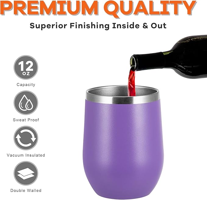 COMOOO Stainless Steel Wine Tumbler Bulk with Lid and Straw 12oz Double Wall Vacuum Insulated Travel Tumbler Cup Stemless for Hot and Cold Drinks, Coffee, Wine, Cocktails (Light Purple, 6 Pack)