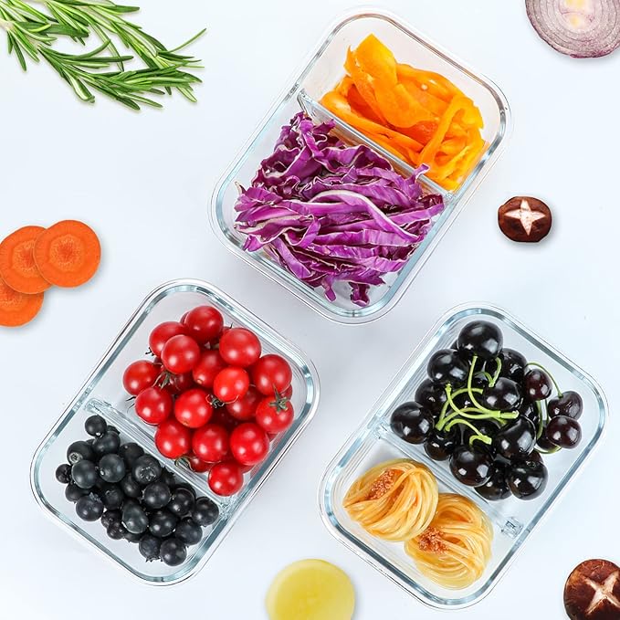 M MCIRCO [5-Pack,36 Oz] Glass Meal Prep Containers 2 Compartments Portion Control with Upgraded Snap Locking Lids Glass Food Storage Containers, Microwave, Oven, Freezer and Dishwasher (4.5 Cups)
