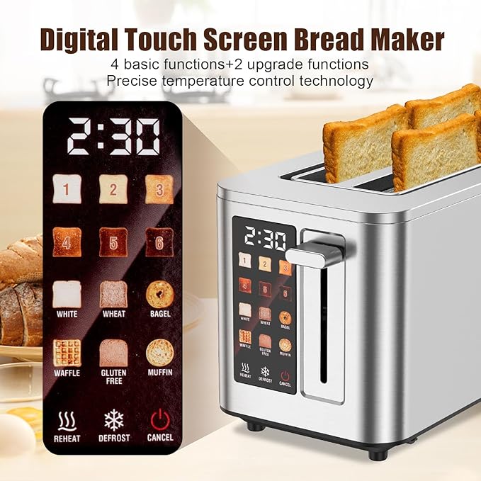 Touch Screen Toaster 4 Slice, 4 Bread Types, 4 Shade Settings, LCD Display, Extra Wide 1.5" Slots, Memory Function, 1400W，16.54 * 8.66 * 7.48inch