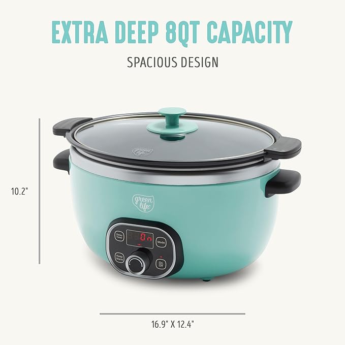 GreenLife 8QT Slow Cooker, Non-Toxic PFAS-Free Ceramic Nonstick Removable Interior Bowl, Programmable, Family Friendly, Keep Warm, Stovetop & Oven Safe, Dishwasher Safe Crock, Glass Lid, Turquoise