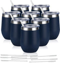 8 Pack 12Oz Stainless Steel Wine Tumblers, Insulated Wine Tumbler, Double Wall Insulated Wine Glass, Stainless Steel Stemless Wine Cups with Lids for Coffee, Wine, Cocktails, Champaign, Navy Blue…