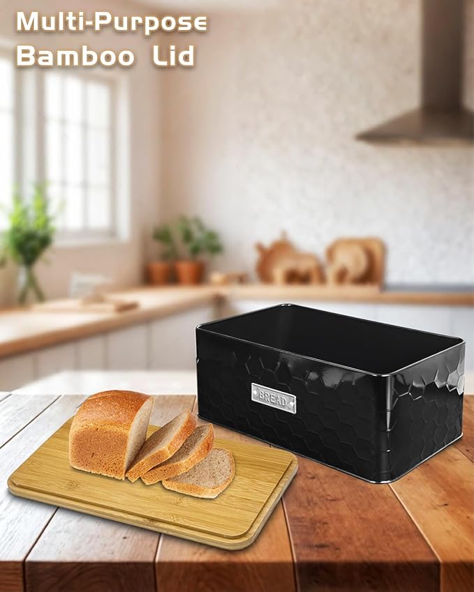 vensovo Bread Box for Countertop – Large Black Metal Bread Bin with Bamboo Cutting Board Lid, Farmhouse Bread Storage Container for Homemade Bread, Baked Goods & Kitchen Counter Organization